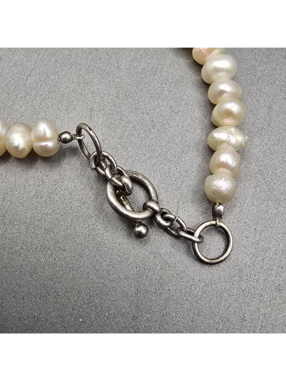 VTG White Graduated Baroque Pearl Necklace 22" Sterling Toggle Crystal Accents - Picture 6 of 13